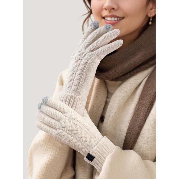 Women White Folding Cuff Touchscreen Soft Skin-Friendly Jacquard Knit Warm Glove - Picture 6 of 6